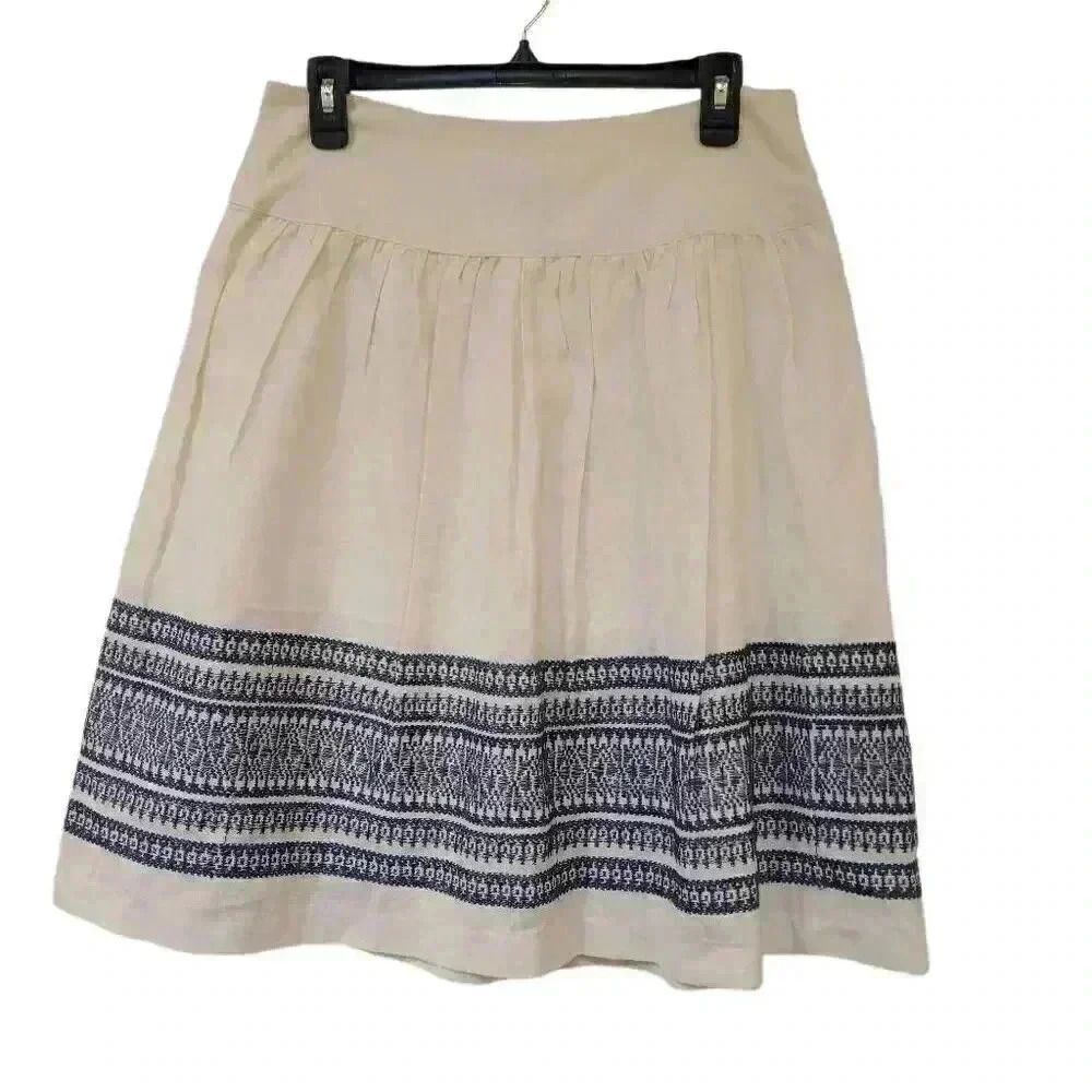 DE Collection Women's Cream & Navy Cotton Embroidered Lined Full Skirt